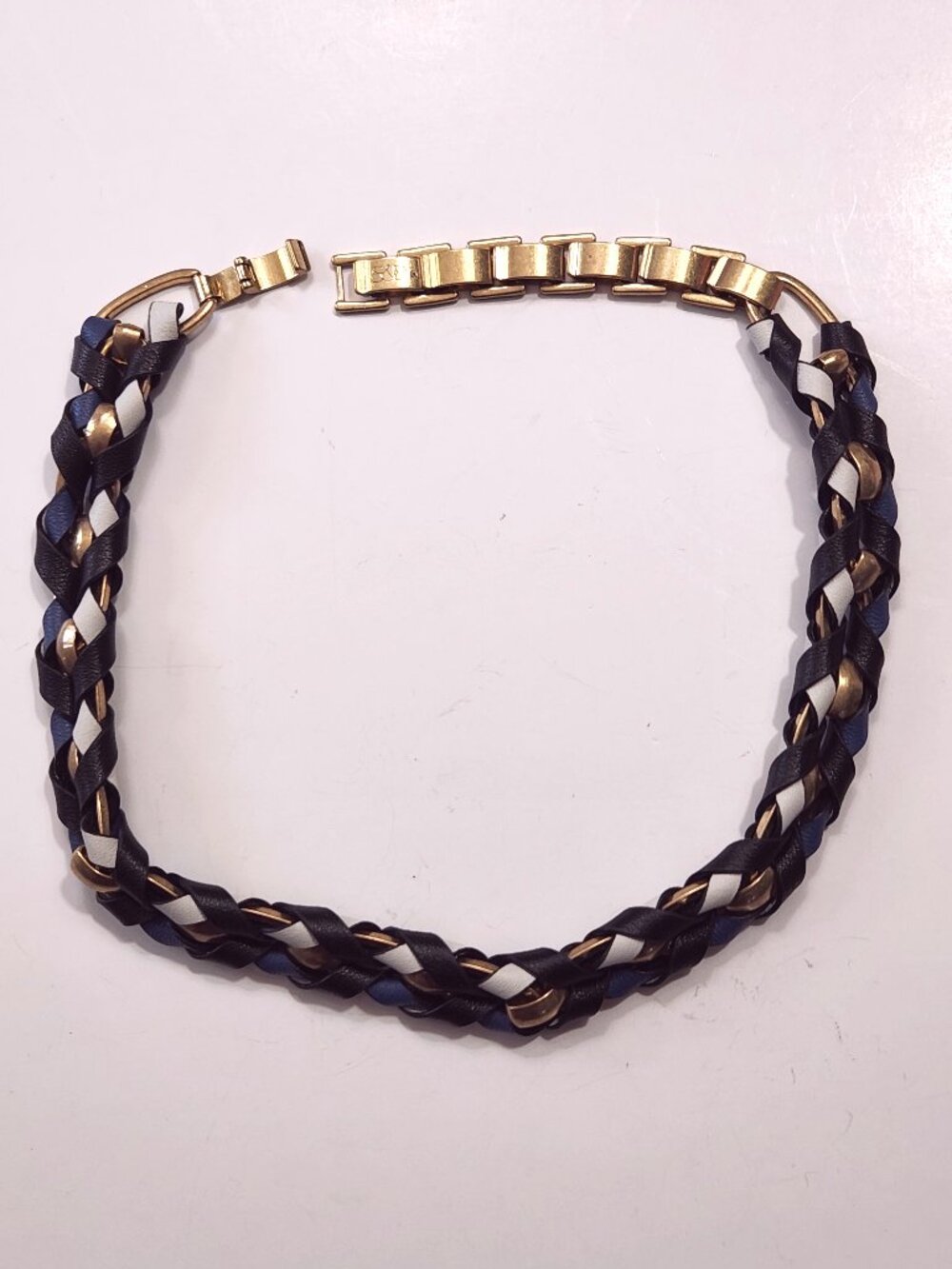 Stella & Dot "Corset" Necklace Goldtone Leather Strips Black White Navy
